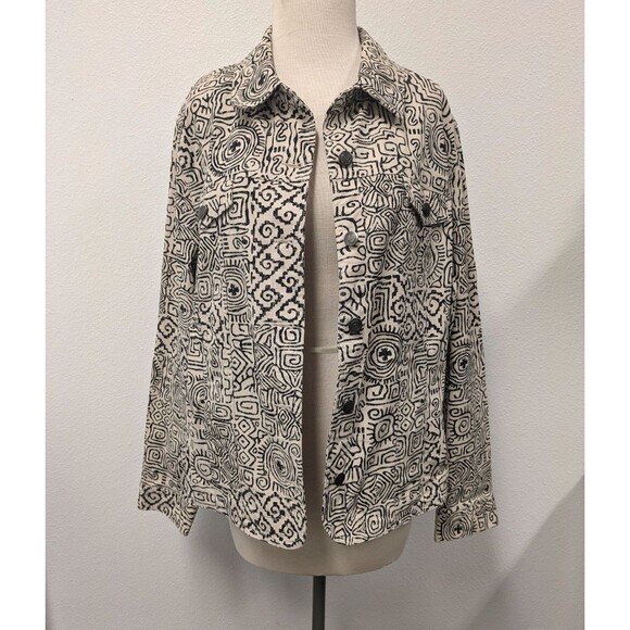 JM Collection Ivory Black Aztec Geometric Canvas Jacket sz XL Block Print - Picture 1 of 13